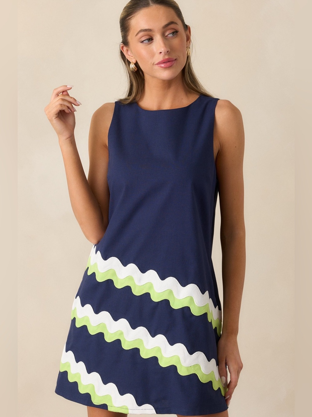 Prosperina Catania Dress in Navy with Lime and White Wave Detail